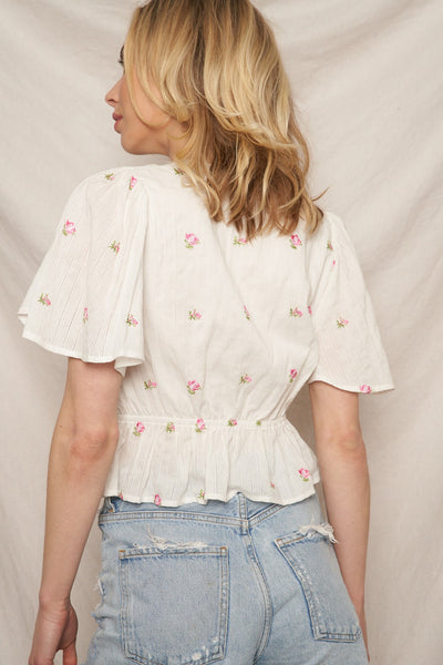 Floral Pattern Flutter Sleeve V-neck Top