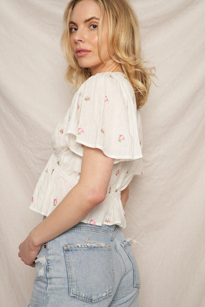 Floral Pattern Flutter Sleeve V-neck Top