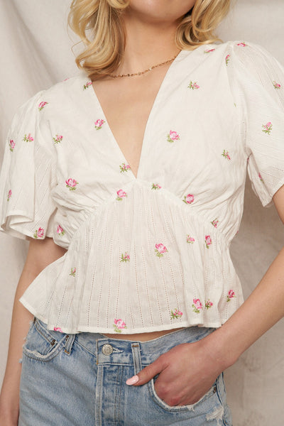 Floral Pattern Flutter Sleeve V-neck Top