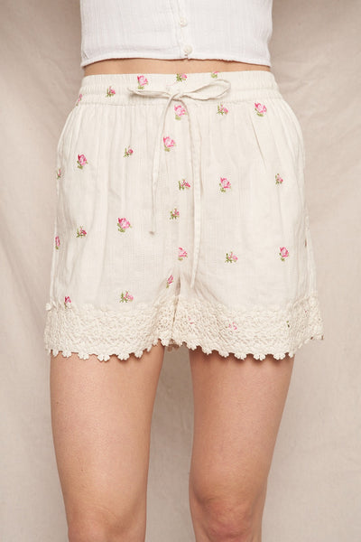 Floral Pattern Shorts With Lace Trim