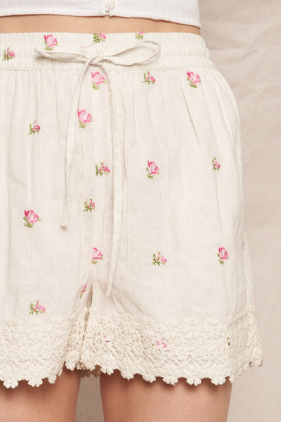 Floral Pattern Shorts With Lace Trim