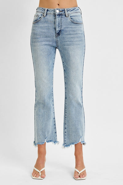 HIGH RISE CROP FLARE FRAYED HEM JEANS
