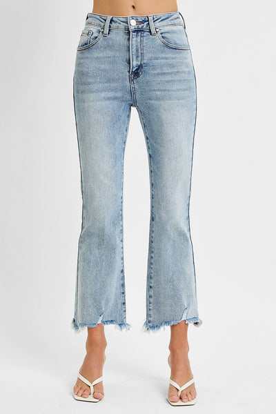 HIGH RISE CROP FLARE FRAYED HEM JEANS