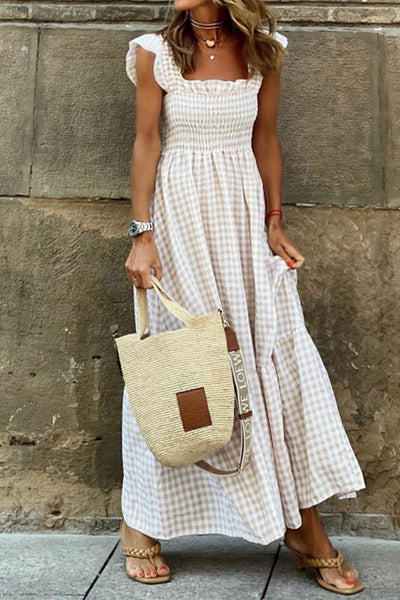 CHECKERED STRAPPY PLAID ELASTIC FLOWY MAXI DRESS