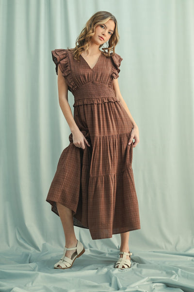 Plaid Ruffle Sleeve Midi Dress