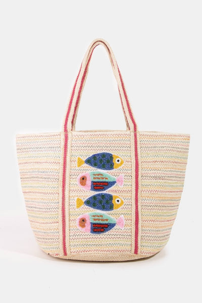 Seed Beaded Fishes Jute Tote Bag