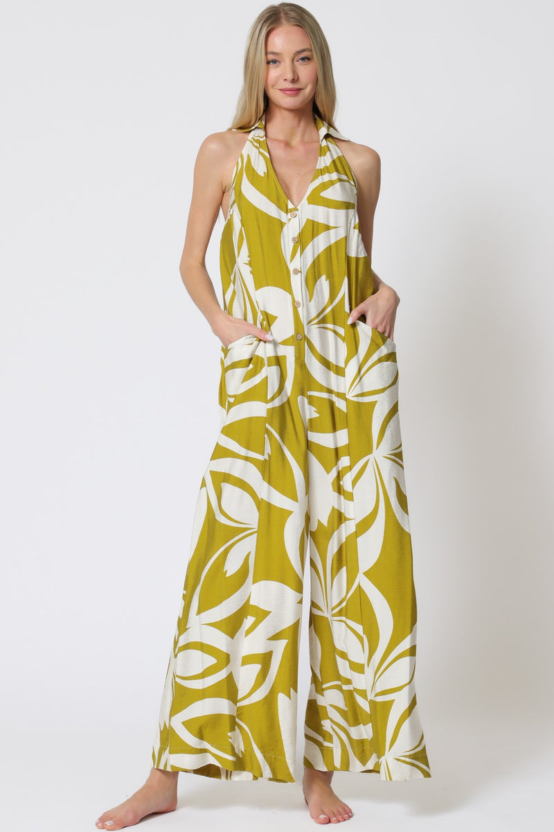 Button Down Backless Elastic Back Waisted Jumpsuit