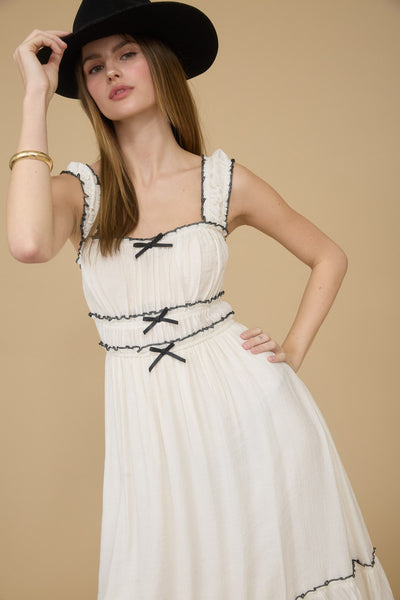 CONTRAST BOW DETAIL SHIRRED SLEEVELESS MIDI DRESS