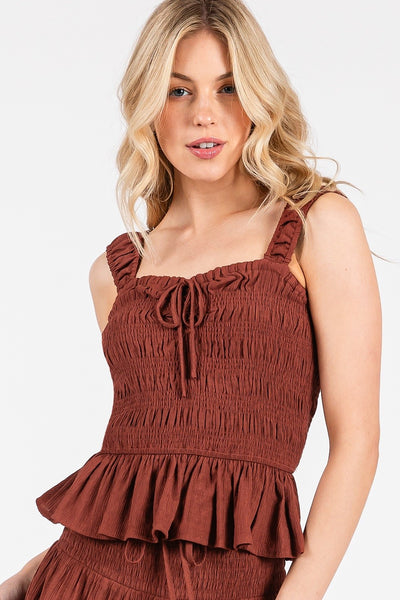Sweetheart Tie Front Smocked Peplum Top