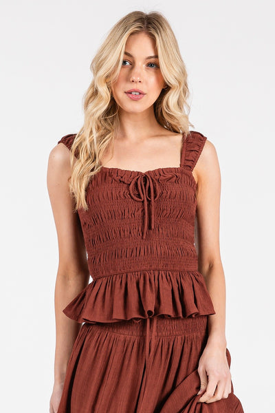 Sweetheart Tie Front Smocked Peplum Top