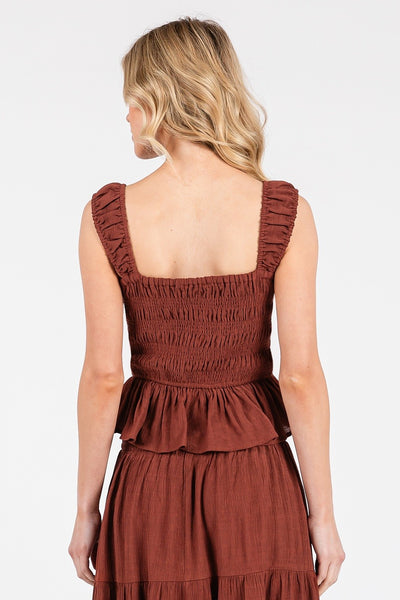 Sweetheart Tie Front Smocked Peplum Top