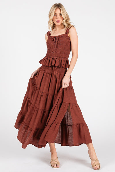 Sweetheart Tie Front Smocked Peplum Top