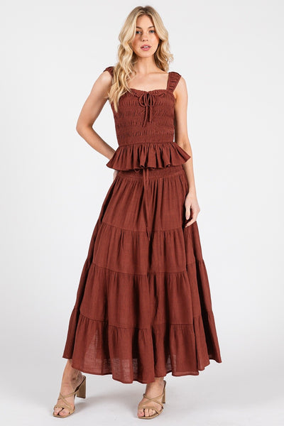 Smocked High Waist Tiered Slit Long Midi Skirt