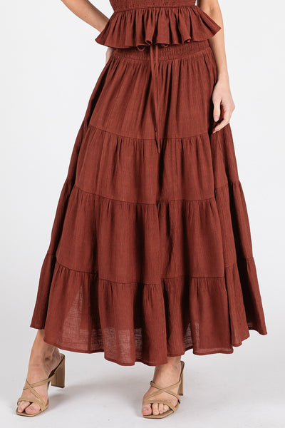 Smocked High Waist Tiered Slit Long Midi Skirt