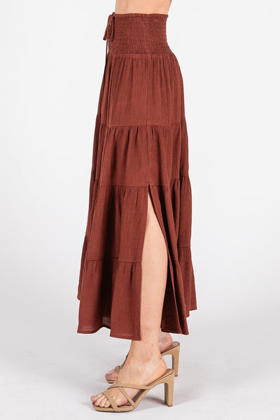 Smocked High Waist Tiered Slit Long Midi Skirt