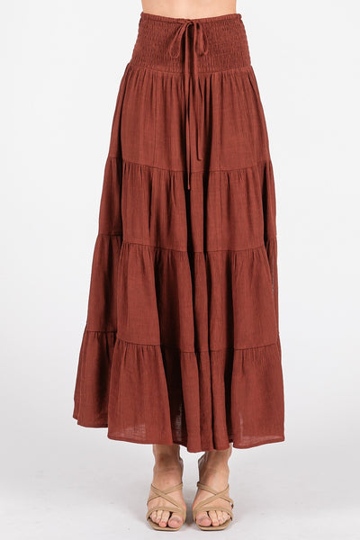 Smocked High Waist Tiered Slit Long Midi Skirt