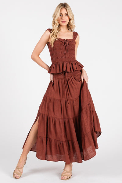Smocked High Waist Tiered Slit Long Midi Skirt