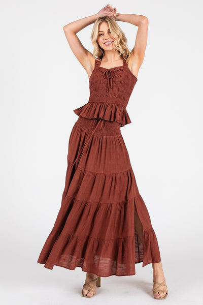 Smocked High Waist Tiered Slit Long Midi Skirt