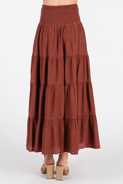 Smocked High Waist Tiered Slit Long Midi Skirt