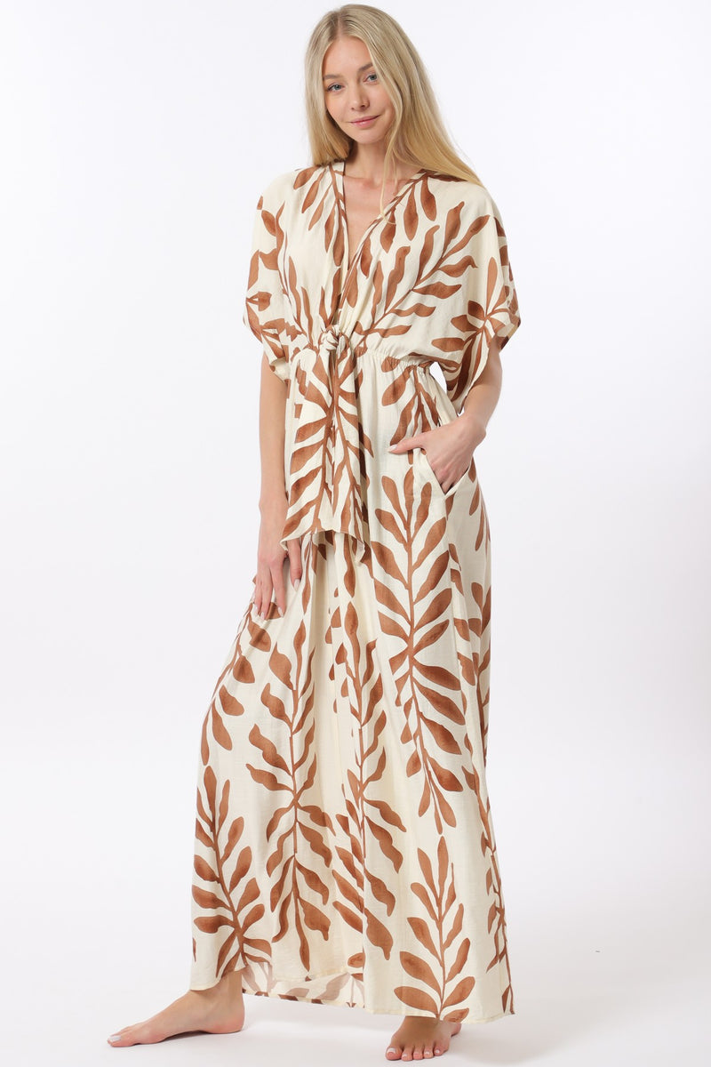 Kimono Sleeve Tie Front Back Waisted Jumpsuit