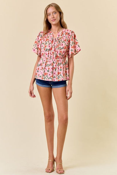 FLORAL PRINT TIE FRONT BABYDOLL BLOUSE
