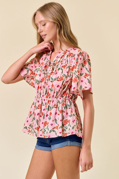 FLORAL PRINT TIE FRONT BABYDOLL BLOUSE