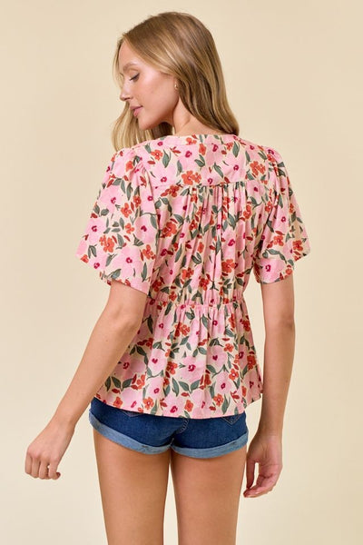 FLORAL PRINT TIE FRONT BABYDOLL BLOUSE