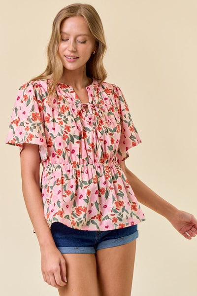 FLORAL PRINT TIE FRONT BABYDOLL BLOUSE