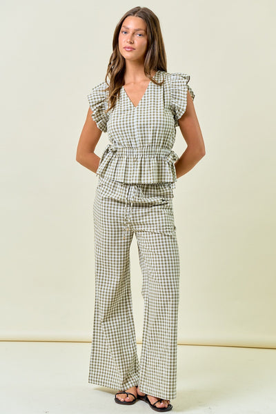 Gingham Ruffle Peplum Top W/ Side Tie