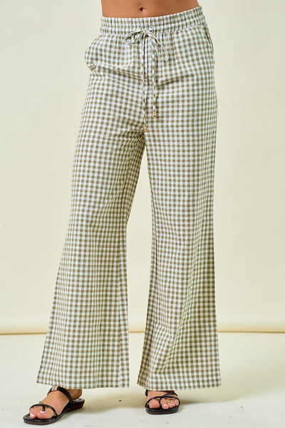 Gingham Wide Leg Elastic Pants W/ Pockets