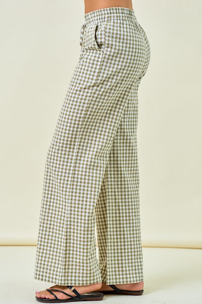 Gingham Wide Leg Elastic Pants W/ Pockets
