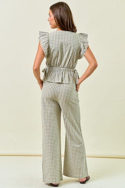 Gingham Wide Leg Elastic Pants W/ Pockets