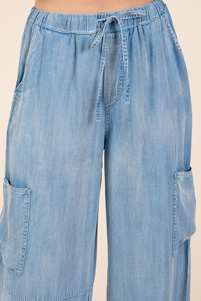 Washed Chambray Elastic Waist Cargo Wide Leg Pants