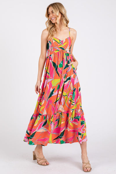 Multicolor Leaf Print Tie Back Maxi Dress