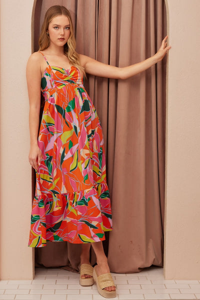 Multicolor Leaf Print Tie Back Maxi Dress