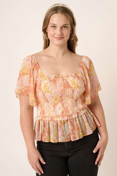 Plus Flower Print Smocking Detail Blouse