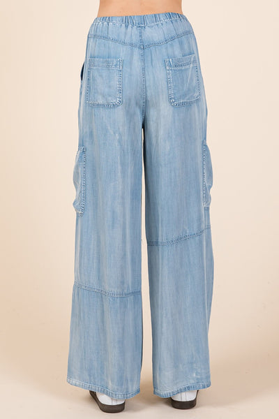 Washed Chambray Elastic Waist Cargo Wide Leg Pants
