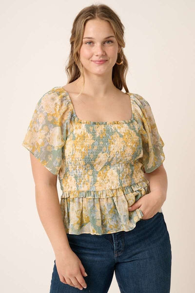 Plus Flower Print Smocking Detail Blouse
