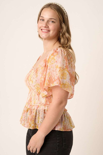 Plus Flower Print Smocking Detail Blouse
