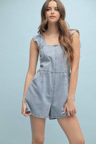 Denim Ruffle Sleeve Romper