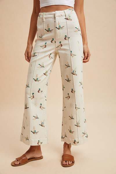 MALLARD PRINTED STRETCH DENIM WIDE LEG JEANS