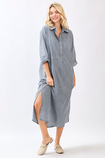 Washed Striped Print Collared Maxi Shirt Dress