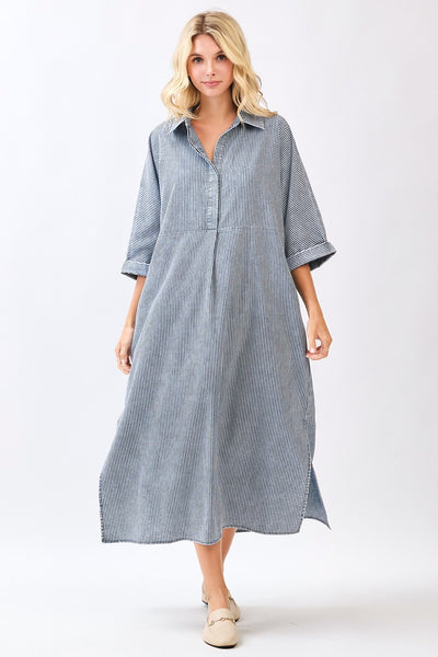 Washed Striped Print Collared Maxi Shirt Dress