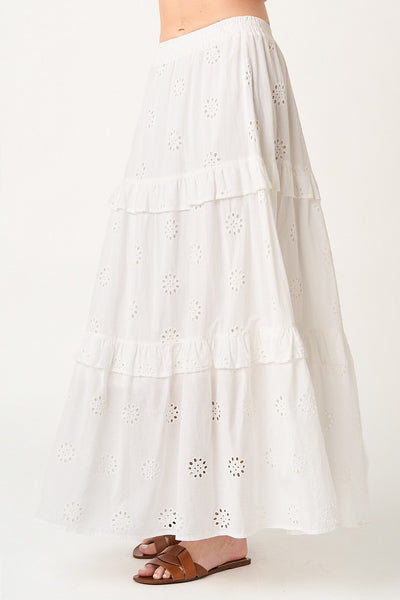 Broderie Ruffle Tier Elastic Waist Maxi Skirt