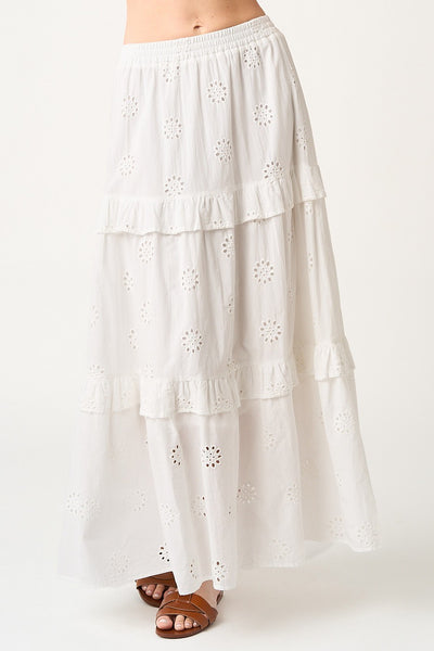 Broderie Ruffle Tier Elastic Waist Maxi Skirt