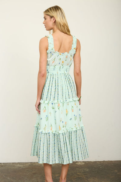 Floral Colorblock Ruffled Tiered Midi Dress
