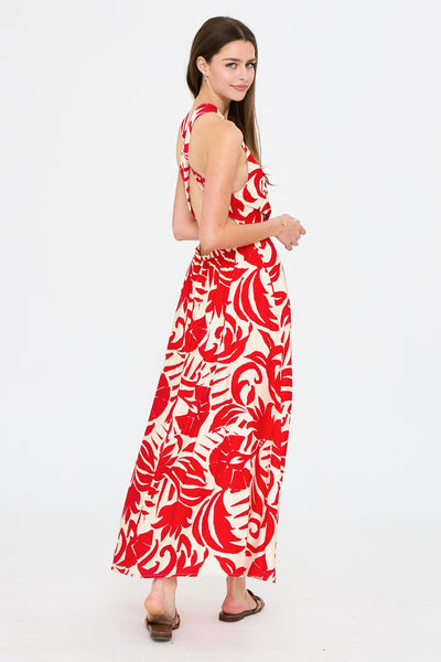 Cross Back Halter Print Maxi Dress
