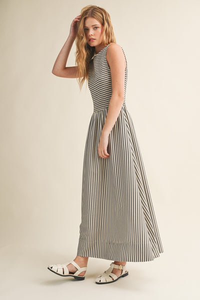 Striped Fabric Smocking Top Long Dress