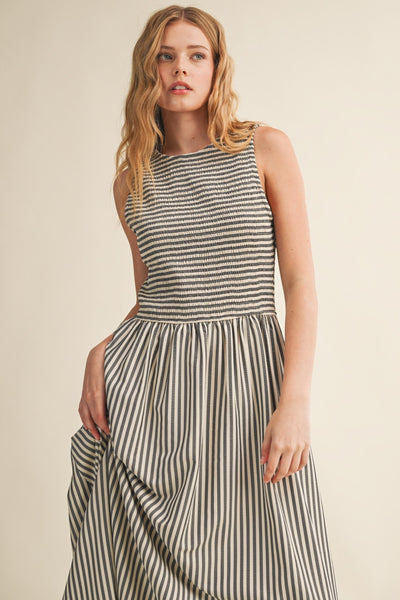 Striped Fabric Smocking Top Long Dress
