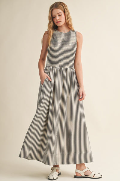 Striped Fabric Smocking Top Long Dress